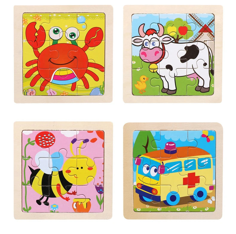 Kids Wooden Toys 3D Jigsaw Puzzle Small Size Cartoon Animal Traffic Tangram Wood Puzzle Educational Toys for Children Gift