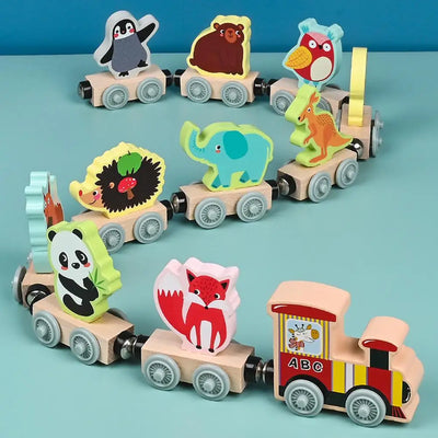 Kids Wooden Train Toy Educational Magnetic Set for Toddlers Vehicle Fruits Wooden Block Nature Gift for Boys Girls