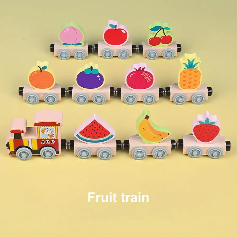 Kids Wooden Train Toy Educational Magnetic Set for Toddlers Vehicle Fruits Wooden Block Nature Gift for Boys Girls