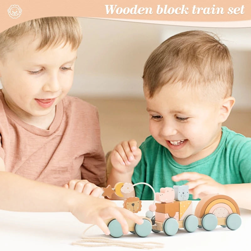 Wooden Montessori Toys Animal Block Dragging Stars Moon Surround Train  Hand Coordination Stacking Toy Handmade Decoration Gifts