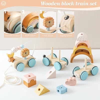 Wooden Montessori Toys Animal Block Dragging Stars Moon Surround Train  Hand Coordination Stacking Toy Handmade Decoration Gifts