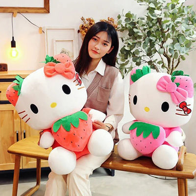 Kawaii Sanrio Hello Kitty Plush Stuffed Toy Strawberry KT Cat Pillow Doll Children's Birthday Gift Home Decoration Animal Doll