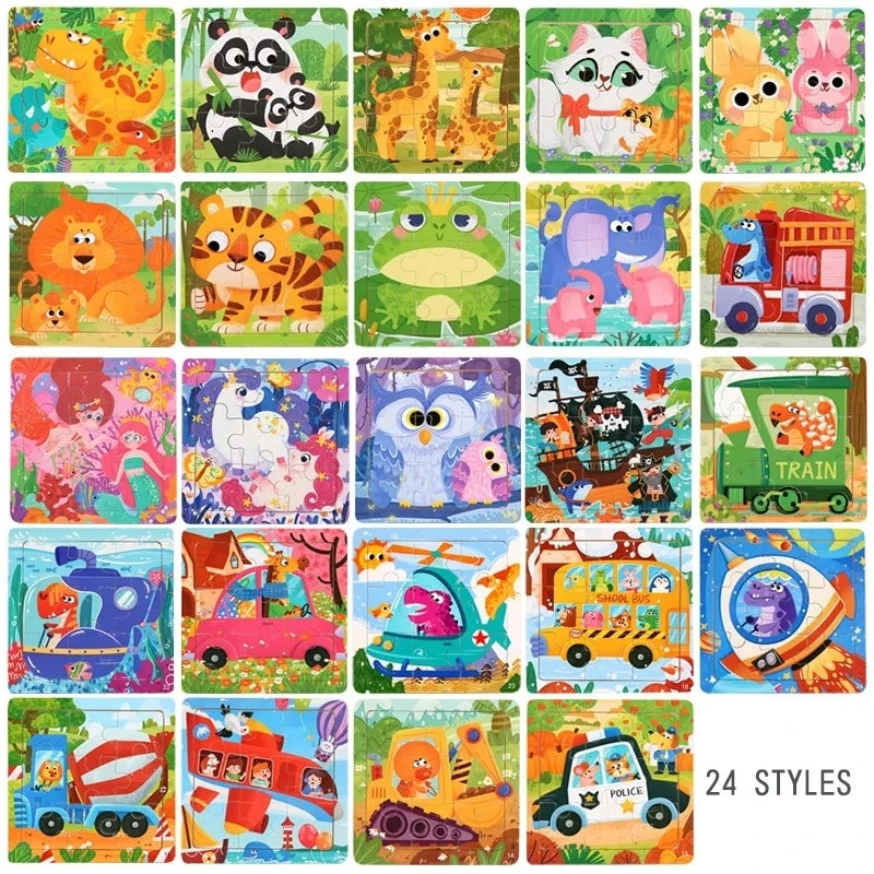 11x11cm Montessori Wooden Puzzle Cartoon Animal Traffic Jigsaw 3d Puzzle Baby Early Learning Educational Toys For Kids