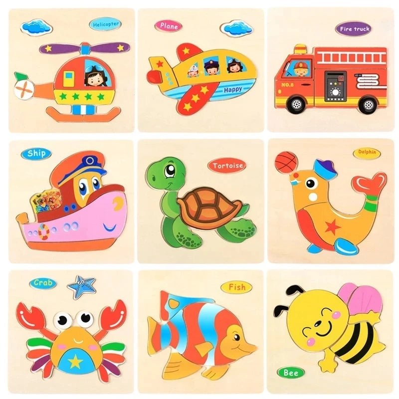 15x15cm Baby Wood Jigsaw Puzzle Board Game Cartoon Animal 3d Puzzle Montessori Educational Learning Wooden Toys for Children