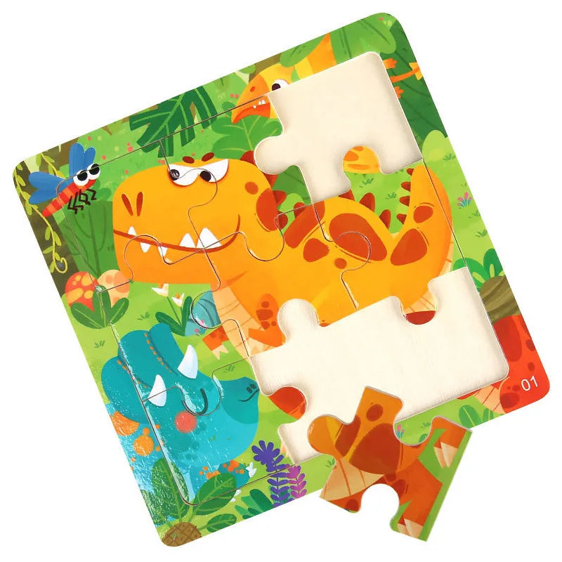 11x11cm Montessori Wooden Puzzle Cartoon Animal Traffic Jigsaw 3d Puzzle Baby Early Learning Educational Toys For Kids