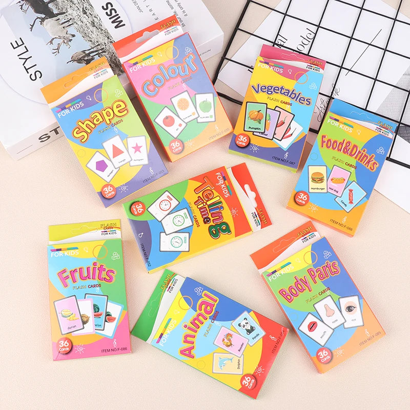 1Set Children Cognition Cards Multi-style Cartoon Shape Animal Colour Learning FlashCards Kids Education Materials Learning Toy