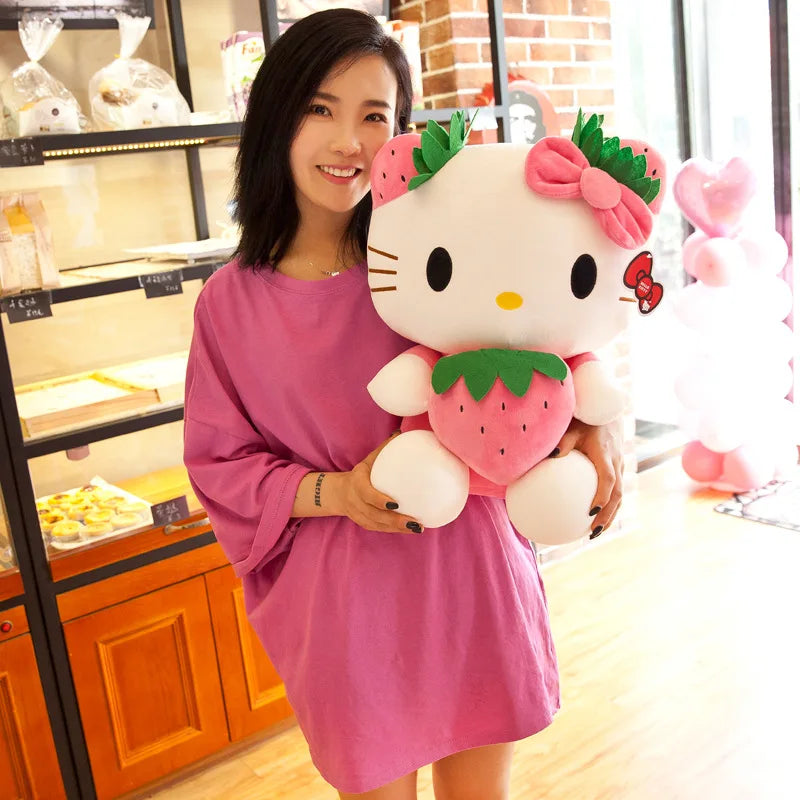 Kawaii Sanrio Hello Kitty Plush Stuffed Toy Strawberry KT Cat Pillow Doll Children's Birthday Gift Home Decoration Animal Doll