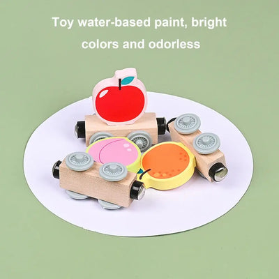 Kids Wooden Train Toy Educational Magnetic Set for Toddlers Vehicle Fruits Wooden Block Nature Gift for Boys Girls