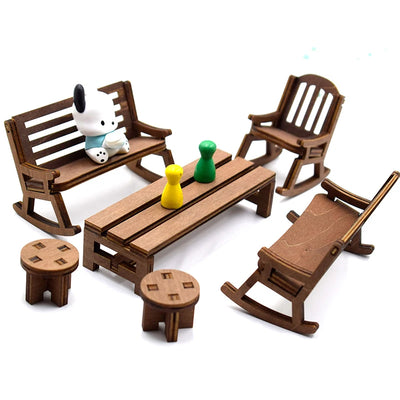 Dollhouse Mininature Table Chair Mini Wooden Bench Rocking Chair Furniture Model Doll House Decor For Kids Pretend Play Toy