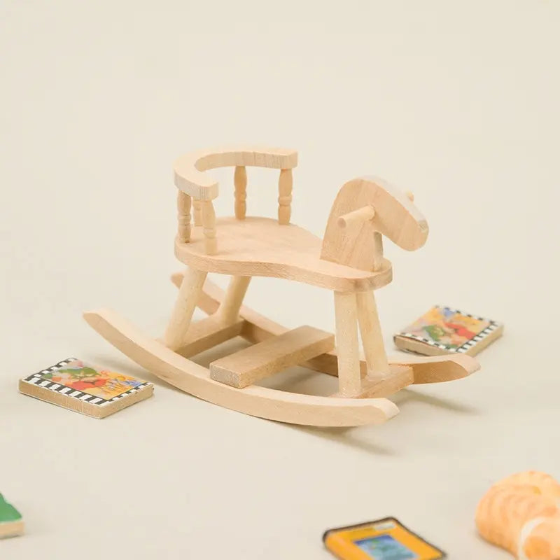 1/12 Dollhouse Miniature Wooden Rocking Horse Chair Room Furniture Model Ornament Dolls House Decor For Kids Pretend Play Toy