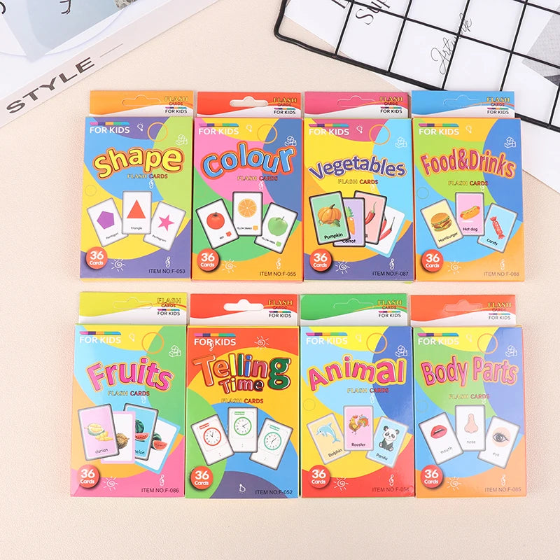 1Set Children Cognition Cards Multi-style Cartoon Shape Animal Colour Learning FlashCards Kids Education Materials Learning Toy