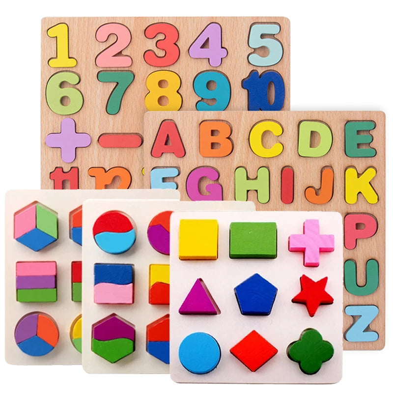 Wooden Puzzle Alphabet Number Shape Matching Board Baby Early Learning 3D Puzzle Preschool Educational Toys For Children