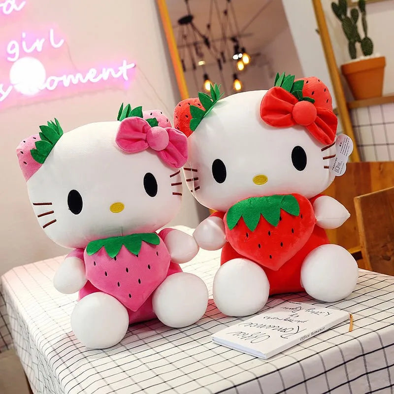 Kawaii Sanrio Hello Kitty Plush Stuffed Toy Strawberry KT Cat Pillow Doll Children's Birthday Gift Home Decoration Animal Doll