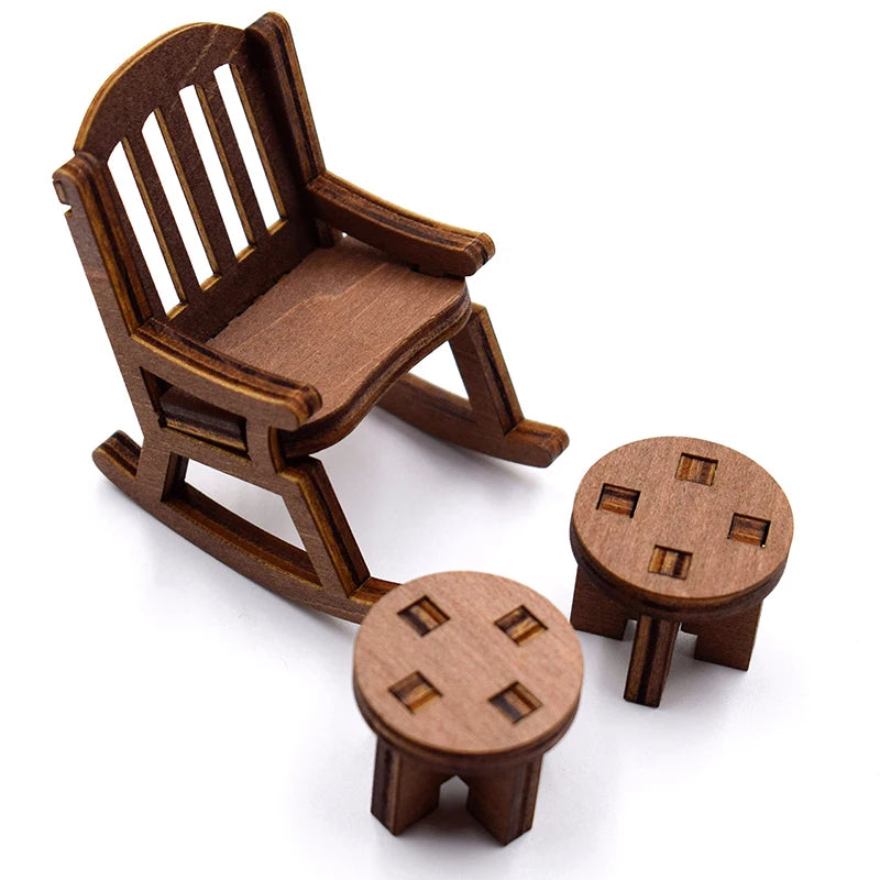 Dollhouse Mininature Table Chair Mini Wooden Bench Rocking Chair Furniture Model Doll House Decor For Kids Pretend Play Toy