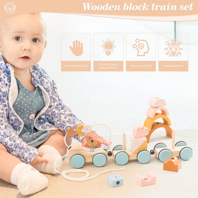 Wooden Montessori Toys Animal Block Dragging Stars Moon Surround Train  Hand Coordination Stacking Toy Handmade Decoration Gifts