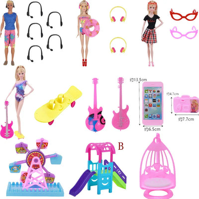 1 Set Swing Mini Bike Dresser Cleaning Tools Shopping Cart Slide Headset Cradle Skateboard Violin For Barbie Doll Kids Toy