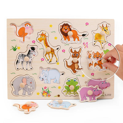 Montessori Wooden Puzzle Cartoon Animals Fruits Cognitive 3D Puzzle Big Size Hand Grab Boards Toys Educational Toys for Children