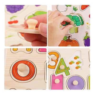 Montessori Wooden Puzzle Cartoon Animals Fruits Cognitive 3D Puzzle Big Size Hand Grab Boards Toys Educational Toys for Children